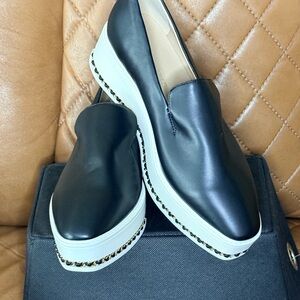 Black Leather Slip-On Loafers with White Soles